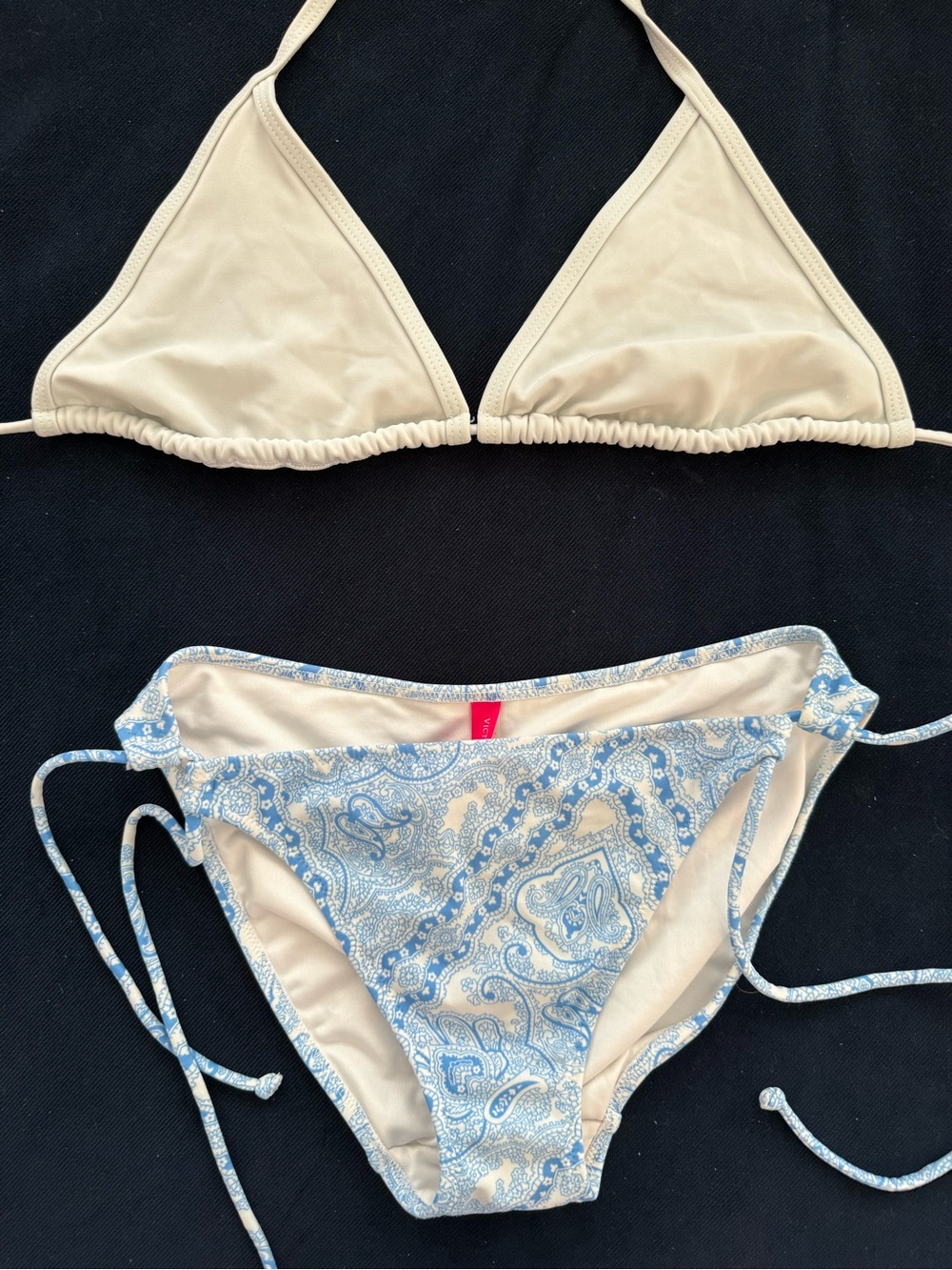 Victoria Secret White Bikini Top with Blue Paisley Tie-Side Bottoms